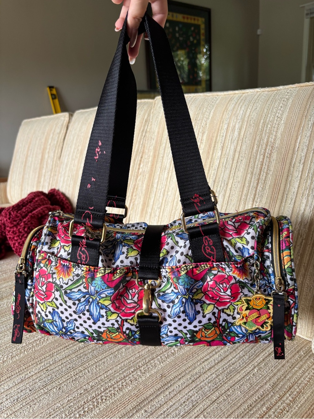 Vintage Y2K Ed Hardy Floral Polka Dot Barrel Bag | Eternal Love Charm